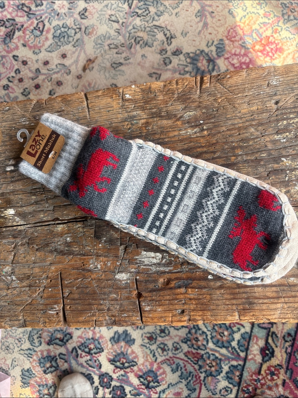 Anchor Women’s Grey & Red Moose Pattern Slipper Socks